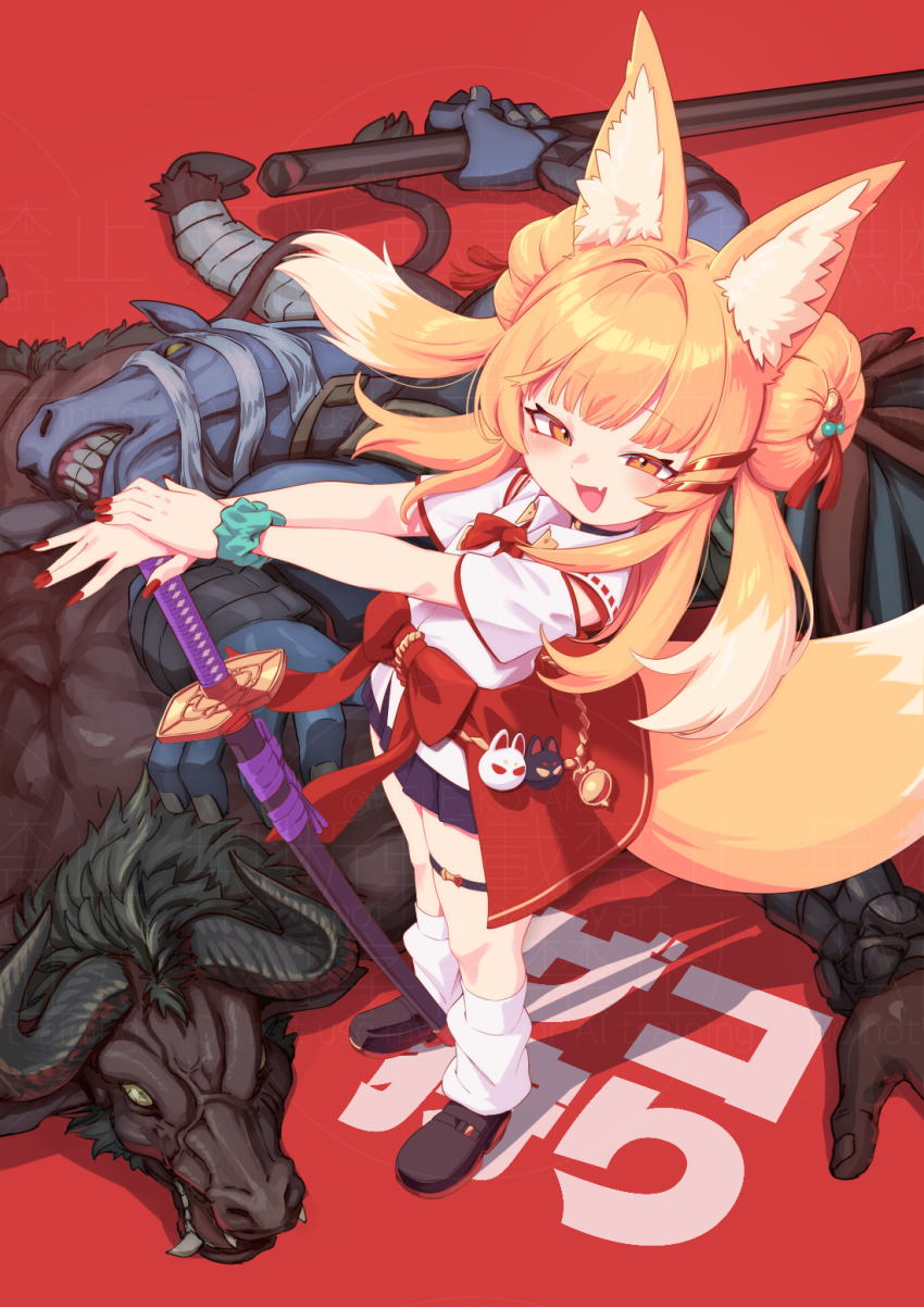 1girl 2boys after_battle animal_ears blonde_hair blush clothes_around_waist double_bun fingernails fox_ears fox_girl fox_tail full_body hair_bun highres holding holding_sword holding_weapon horse katana long_fingernails long_hair looking_at_viewer loose_socks miniskirt minotaur multiple_boys open_mouth orange_eyes original red_nails scrunchie seigetsu_kotaku skirt smile smug socks sword tail weapon wrist_scrunchie
