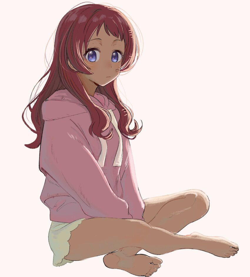 1girl barefoot blue_eyes feet from_side full_body gakuen_idolmaster hair_down hanami_saki highres hood hood_down hoodie idolmaster long_hair long_sleeves looking_at_viewer maiko_(machael89642677) nail_polish red_hair shorts sitting soles solo striped_background striped_clothes striped_hoodie toenail_polish toenails toes