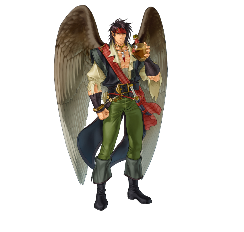 1boy absurdres black_boots black_hair boots bottle bracelet clenched_hand commentary_request feather_necklace feathered_wings fire_emblem fire_emblem:_radiant_dawn fire_emblem_heroes full_body green_pants highres holding holding_bottle jewelry kita_senri looking_at_viewer male_focus medium_hair midriff_sarashi muscular muscular_male necklace nintendo official_art pants pectoral_cleavage pectorals sarashi scar scar_on_chest scar_on_face simple_background solo tibarn_(fire_emblem) tibarn_(pirate)_(fire_emblem) torn_clothes torn_sleeves white_background wings