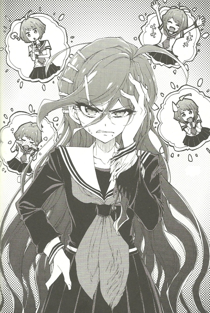 :d ? ahoge arms_up artist_request blush clenched_hands crying danganronpa_(series) danganronpa_another_episode:_ultra_despair_girls eyelashes fukawa_toko glasses greyscale hair_ornament hairclip hand_on_own_head hand_on_own_hip highres long_hair long_sleeves messy_hair mole mole_under_mouth monochrome neckerchief necktie official_art open_mouth round_eyewear sailor_collar scan school_uniform serafuku shirt short_hair short_sleeves skirt smile solo_focus sweatdrop teeth third-party_source torn_clothes torn_neckerchief torn_shirt v-shaped_eyebrows
