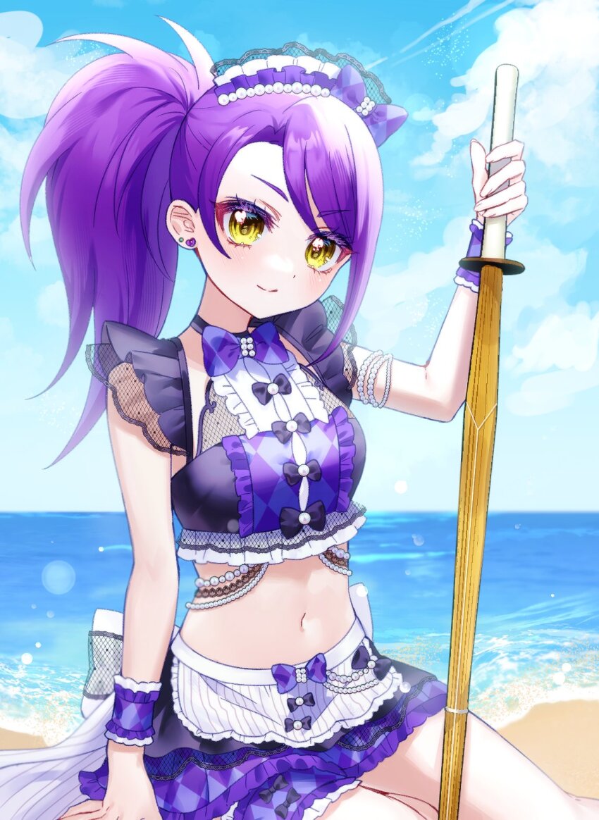 1girl apron arm_up bare_shoulders beach black_bow blue_sky bow breasts center_frills chuu0105 closed_mouth cloud commentary crop_top day earrings frilled_skirt frills highres holding holding_sword holding_weapon jewelry long_hair looking_at_viewer maid maid_headdress medium_breasts miniskirt navel ocean outdoors pretty_series pripara purple_bow purple_hair purple_skirt shinai side_ponytail sitting skirt sky smile solo summer_maid_coord sword symbol-only_commentary toudou_shion unconventional_maid waist_apron weapon white_apron wrist_cuffs yellow_eyes