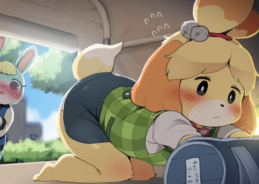 1boy 1girl @_@ animal_crossing animal_ears blush dagasi furry furry_female furry_male furry_with_furry highres isabelle_(animal_crossing) nintendo sasha_(animal_crossing)