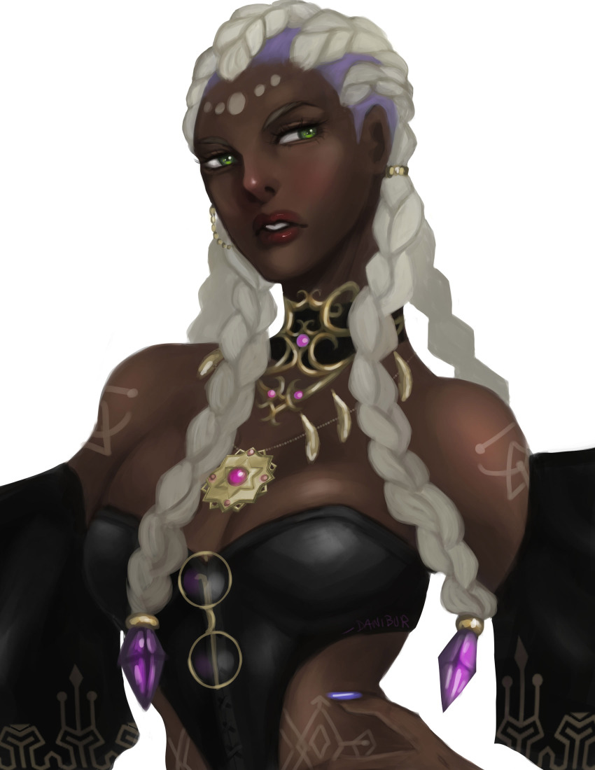1girl bodypaint braid braided_ponytail breasts cleavage collar corset danibur_art dark-skinned_female dark_skin dolores_(kof) dress earrings female_focus glasses gold green_eyes hand_on_own_hip jewelry large_breasts long_hair purple_hair revealing_clothes round_eyewear the_king_of_fighters thick_lips very_dark_skin white_hair