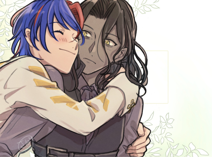 2boys male_alear_(fire_emblem) black_hair blue_hair closed_eyes crossed_bangs dark-skinned_male dark_skin fire_emblem fire_emblem_engage hug looking_at_another multicolored_hair multiple_boys nintendo pinkunoakuma red_hair split-color_hair yaoi zelkov_(fire_emblem)