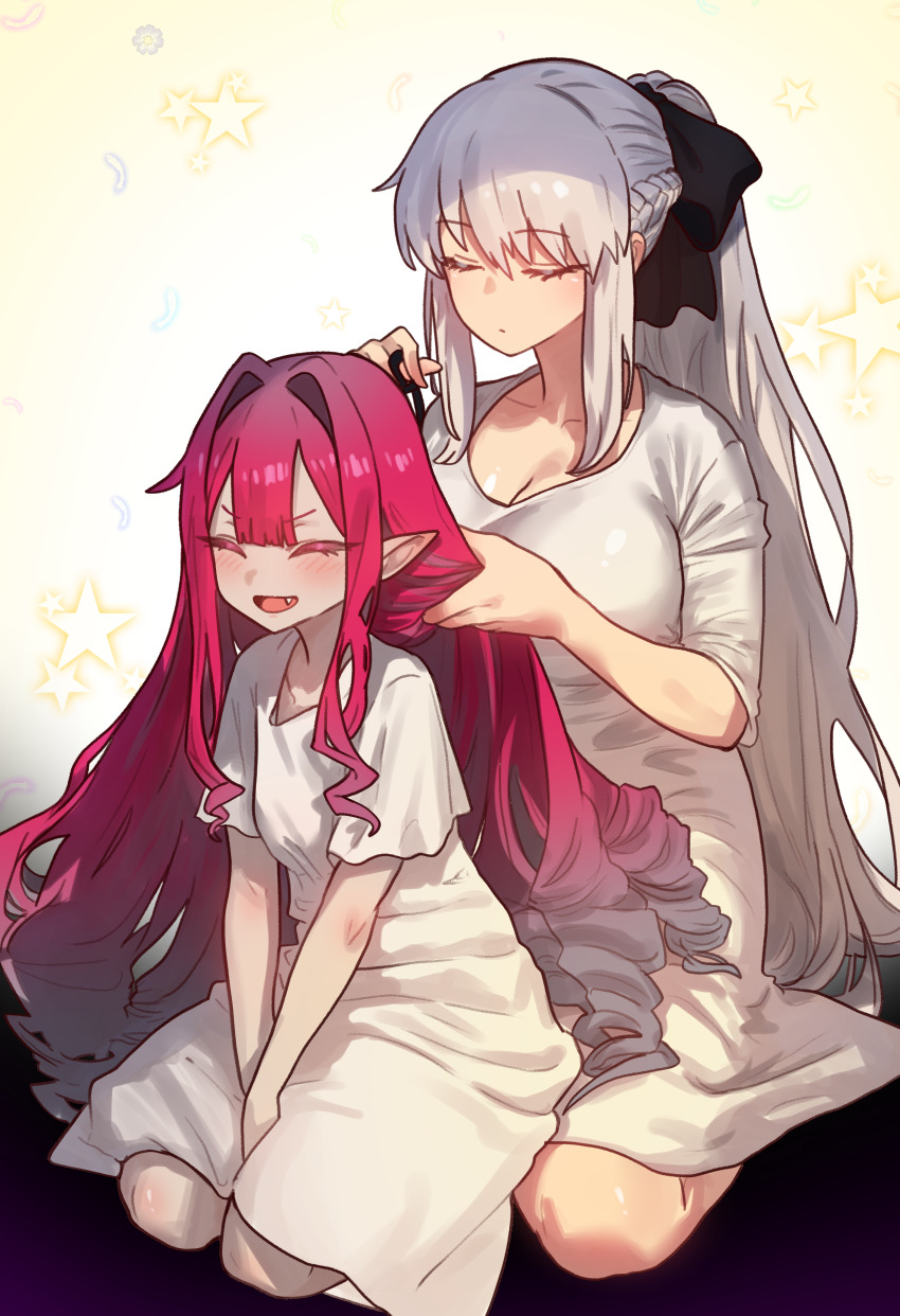 2girls absurdres baobhan_sith_(fate) blush breasts ebora fate/grand_order fate_(series) grey_hair hand_in_another&#039;s_hair hands_in_hair highres holding_another&#039;s_hair large_breasts long_hair morgan_le_fay_(fate) mother_and_daughter multiple_girls non-web_source open_mouth pink_hair pointy_ears ponytail sidelocks smile tying_hair very_long_hair