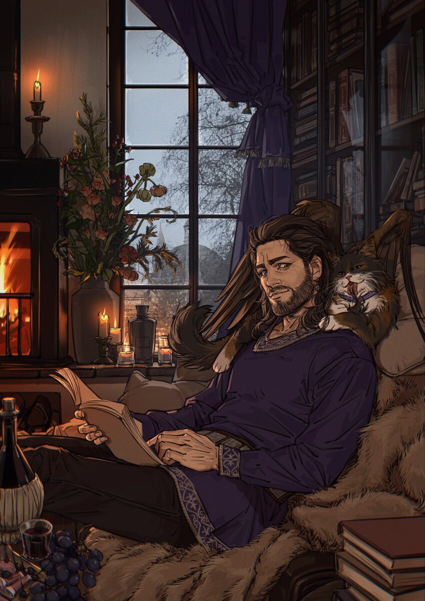 1boy absurdres alcohol animal animal_on_shoulder armchair baldur&#039;s_gate baldur&#039;s_gate_3 beard belt blanket book book_stack bookshelf bottle bouquet brown_eyes brown_hair brown_pants candle candlestand cat cat_on_shoulder chair closed_mouth collar cup curtains drinking_glass dungeons_&amp;_dragons dungeons_&amp;_dragons earrings embroidery facial_hair familiar feathered_wings fireplace flower food fruit full_beard fur_blanket gale_(baldur&#039;s_gate) grapes grooming hair_slicked_back hand_on_lap highres holding holding_book jewelry library licking licking_paw light_smile looking_at_viewer male_focus mature_male meat medium_hair metal_belt nyeigneous on_blanket on_chair open_book pants purple_collar purple_tunic reading red_wine silver_earrings single_earring sitting sliced_meat star_(symbol) star_earrings stubble tara_(baldur&#039;s_gate) tassel tongue tongue_out tunic vase wine wine_bottle wine_glass winged_animal wings