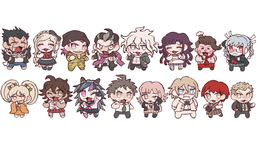 30en_(esx5g) 6+boys 6+girls :d ;o blonde_hair blush breasts brown_hair closed_eyes collared_shirt danganronpa_(series) danganronpa_2:_goodbye_despair dark-skinned_female dark-skinned_male dark_skin freckles grey_hair grin hair_ornament hanamura_teruteru hinata_hajime holding hood jacket koizumi_mahiru komaeda_nagito kuzuryu_fuyuhiko long_hair long_sleeves looking_at_viewer medium_hair mioda_ibuki multiple_boys multiple_girls nanami_chiaki nidai_nekomaru one_eye_closed open_clothes open_mouth owari_akane pekoyama_peko pink_eyes red_hair ribbon saionji_hiyoko shirt short_hair simple_background skirt smile soda_kazuichi sonia_nevermind standing tanaka_gundham teeth togami_byakuya_(danganronpa_2) tsumiki_mikan white_shirt