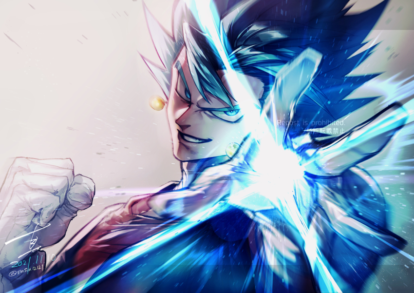 1boy blue_eyes blue_hair clenched_hand dated dougi dragon_ball dragon_ball_super earrings gloves grey_background grin jewelry male_focus potara_earrings shin_(sinsin12121) signature simple_background smile solo super_saiyan super_saiyan_blue twitter_username upper_body vegetto watermark white_gloves