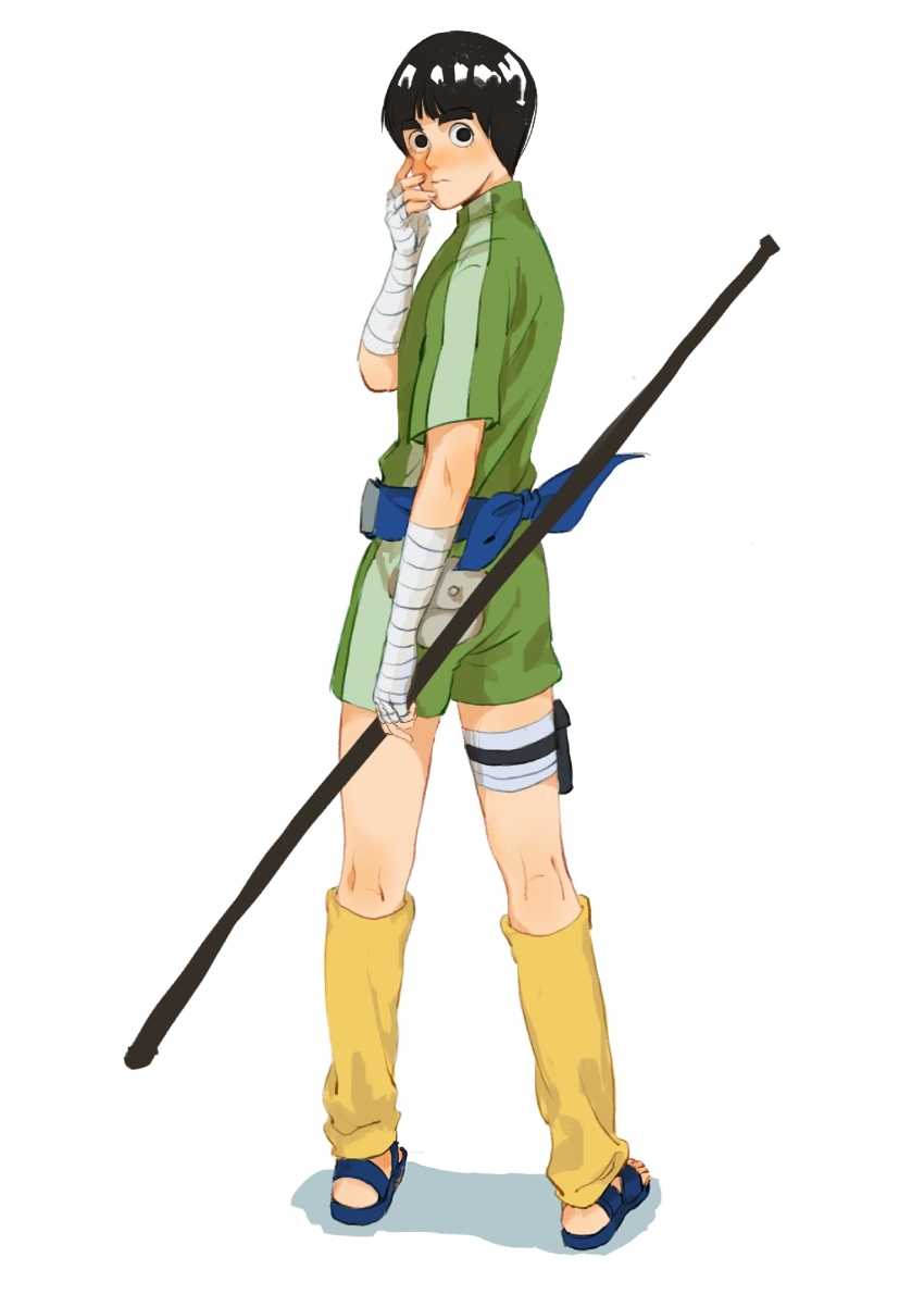 1boy arm_wrap black_eyes black_hair full_body gaozijie422 green_shirt green_shorts hand_up highres holding holding_weapon leg_warmers looking_at_viewer looking_back male_focus naruto_(series) rock_lee sandals shirt short_hair short_sleeves shorts simple_background standing thick_eyebrows thigh_strap weapon white_background yellow_leg_warmers