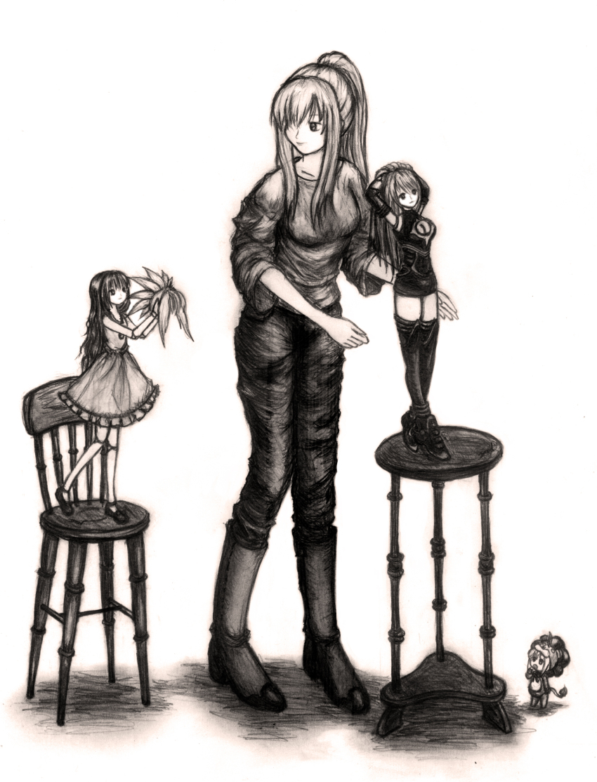 4girls absurdres animal_costume arm_warmers arms_up artoria_pendragon_(all) bare_shoulders boots braid closed_mouth dazzle_(shinkonryu) dress highres holding knee_boots long_sleeves looking_to_the_side maridah mary_janes mini_person minigirl monochrome multiple_girls pants saber_lion shoes sidelocks simple_background sketch sleeveless sleeveless_dress smile standing sweater table thighhighs white_background zettai_ryouiki