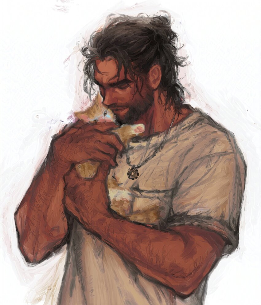 1boy absurdres alternate_hairstyle animal arcane:_league_of_legends arcane_jayce arms_up brown_hair cat closed_eyes closed_mouth commentary english_commentary facial_hair hair_bun highres holding holding_animal holding_cat jayce_(league_of_legends) katsukarateclub kitten league_of_legends male_focus shirt short_sleeves simple_background single_hair_bun solo t-shirt thick_eyebrows upper_body white_background white_shirt