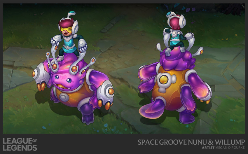 1boy :d artist_name black_pants boots character_name colored_skin copyright_name fangs gauntlets glasses grey_footwear helmet highres league_of_legends multiple_views nunu_(league_of_legends) on_head open_mouth pants pink_skin short_hair smile space_groove_nunu space_groove_willump standing teeth tinted_eyewear tongue upper_teeth_only vegacolors willump