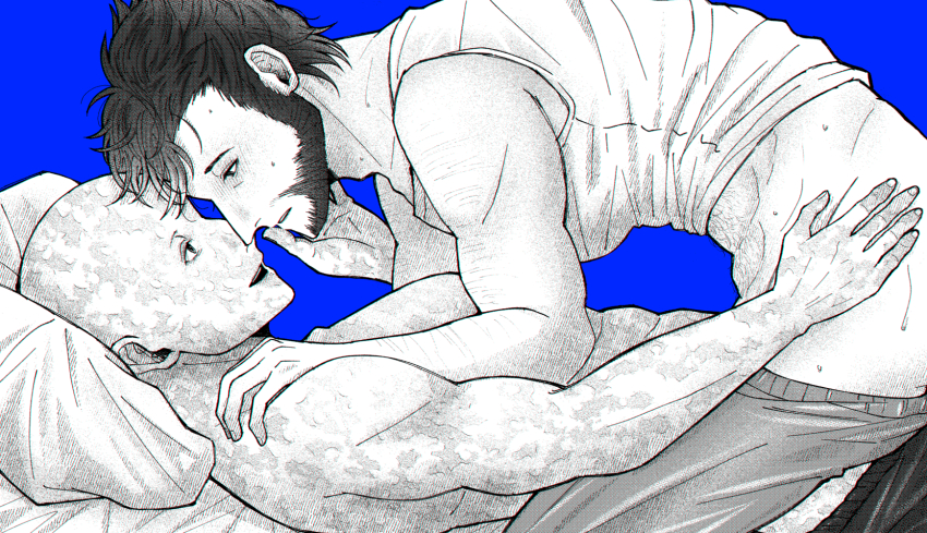 2boys abs arm_hair ass bald beard bed_sheet blue_background blush boy_on_top clothes_pull deadpool deadpool_&amp;_wolverine deadpool_(series) doghooouse eye_contact facial_hair hand_on_another&#039;s_face highres imminent_penetration large_pectorals looking_at_another male_focus marvel marvel_cinematic_universe monochrome multiple_boys muscular muscular_male open_mouth pants pants_pull pectorals pillow scar scars_all_over short_hair smile sweat too_many wolverine_(x-men) x-men yaoi