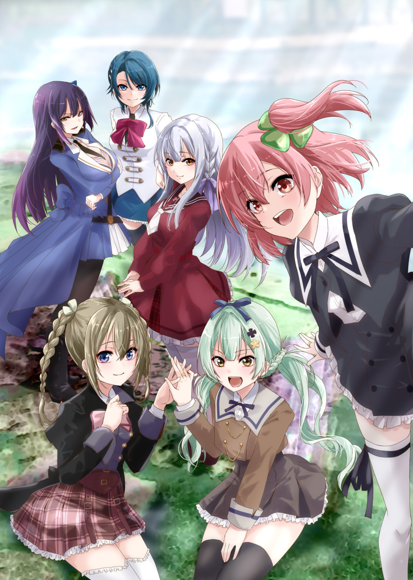 6+girls :d aizawa_kazuha arm_at_side arms_under_breasts assault_lily asymmetrical_hair belt belt_buckle black_belt black_footwear black_jacket black_necktie black_pantyhose black_ribbon black_skirt black_thighhighs blue_eyes blue_hair blue_jacket blue_ribbon blue_skirt blue_sky blunt_bangs blush boots bow bowtie braid breasts brown_belt brown_jacket brown_sailor_collar brown_skirt buckle closed_mouth clover collared_shirt commentary_request corset cropped_jacket day flower four-leaf_clover frilled_thighhighs frills funada_kiito green_eyes green_hair grey_hair hair_between_eyes hair_flower hair_ornament hair_ribbon hairclip hand_on_lap hands_up herensuge_girls_academy_school_uniform high-waist_skirt highres hitotsuyanagi_riri holding_hands interlocked_fingers jacket jewelry juliet_sleeves kanba_girls_high_school_uniform kishimoto_lucia_raimu kon_kanaho large_breasts leaning_to_the_side leg_ribbon long_hair long_sleeves looking_ahead looking_at_viewer low_twintails ludvico_private_girls&#039;_academy_school_uniform medium_breasts miniskirt multiple_girls neck_ribbon necktie on_ground one_side_up open_mouth outdoors outstretched_arm own_hands_together pantyhose parted_lips pink_eyes pink_hair pleated_skirt puffy_sleeves purple_hair purple_ribbon reaching reaching_towards_viewer red_bow red_bowtie red_skirt ribbon ring sailor_collar school_uniform serafuku shirt short_hair short_necktie side_braid sidelocks single_braid sitting skirt sky smile sunlight thigh_ribbon thighhighs twin_braids twintails ueda_imari urutsu_sahari v-shaped_eyebrows v_arms very_long_hair waist_cape white_jacket white_necktie white_ribbon white_thighhighs yellow_eyes yellow_flower yurigaoka_girls_academy_school_uniform zettai_ryouiki