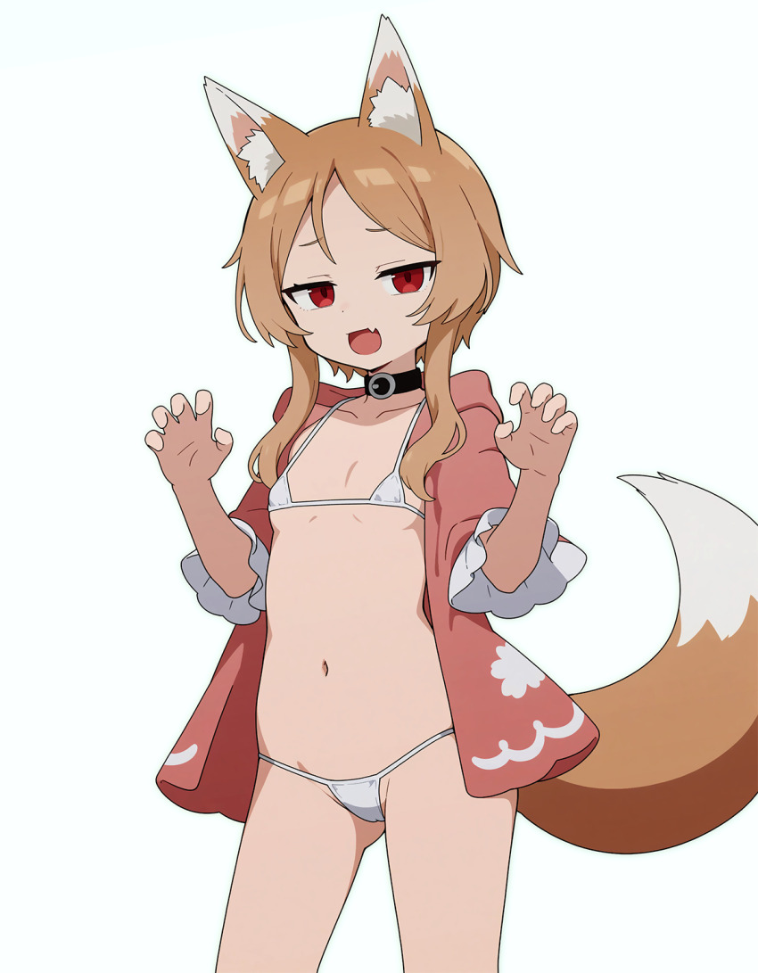 1girl animal_ear_fluff animal_ears bikini black_collar breasts brown_hair claw_pose collar cowboy_shot fang hands_up highres hood hooded_jacket hoodie jacket looking_at_viewer micro_bikini navel open_clothes open_jacket open_mouth ouka_miko pink_jacket red_eyes short_hair sidelocks skin_fang small_breasts solo string_bikini suuchi_maigo_(nan) swimsuit tail utau white_background white_bikini wolf_ears wolf_girl wolf_tail