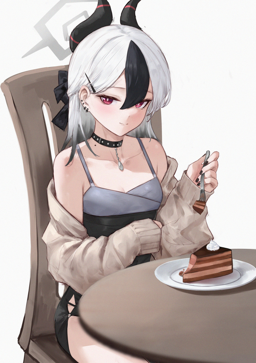 1girl absurdres black_choker black_dress black_hair black_horns blue_archive blush breasts cake cake_slice cardigan choker closed_mouth demon_girl demon_horns dress food fork grey_cardigan highres holding holding_fork horns kayoko_(blue_archive) kayoko_(dress)_(blue_archive) long_hair looking_at_viewer mole mole_on_neck multicolored_hair official_alternate_costume official_alternate_hairstyle on_chair plate simple_background sitting small_breasts smile solo streaked_hair white_background white_hair yuhou_rainbow