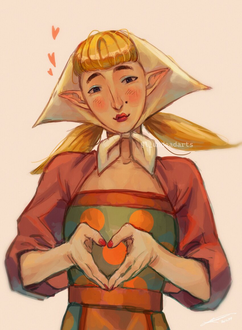 1girl bandana blonde_hair eyeshadow lips lipstick low_twintails makeup medium_hair mole mole_on_cheek nintendo peatrice_(zelda) pointy_ears the_legend_of_zelda the_legend_of_zelda:_skyward_sword twintails