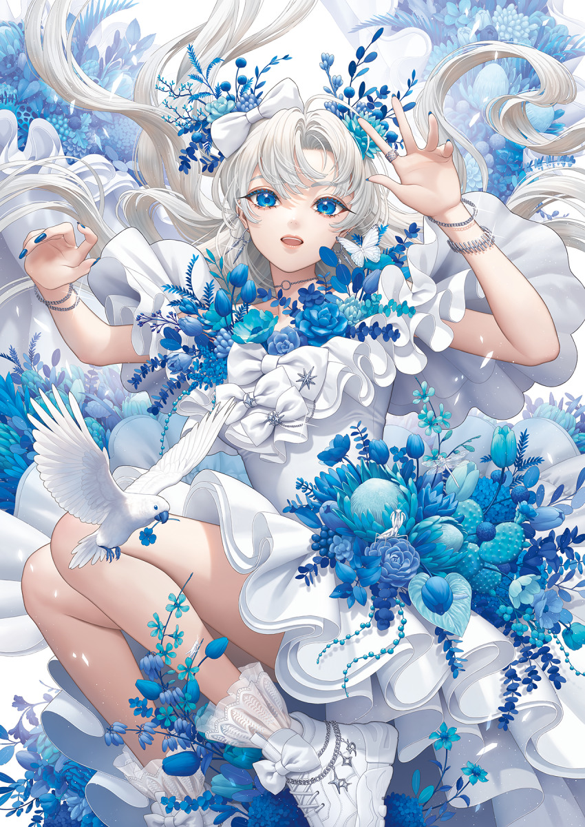 1girl absurdly_detailed_composition bird blue_eyes blue_flower blue_leaf blue_nails blue_tulip bow bracelet bug butterfly cactus choker clover dress emotions_2024 floating_hair flower footwear_bow four-leaf_clover glint hair_bow highres insect jewelry long_hair looking_at_viewer minami_(minami373916) o-ring o-ring_choker open_mouth original praying_mantis ring shoes solo tulip white_bird white_bow white_butterfly white_dress white_hair white_shoes