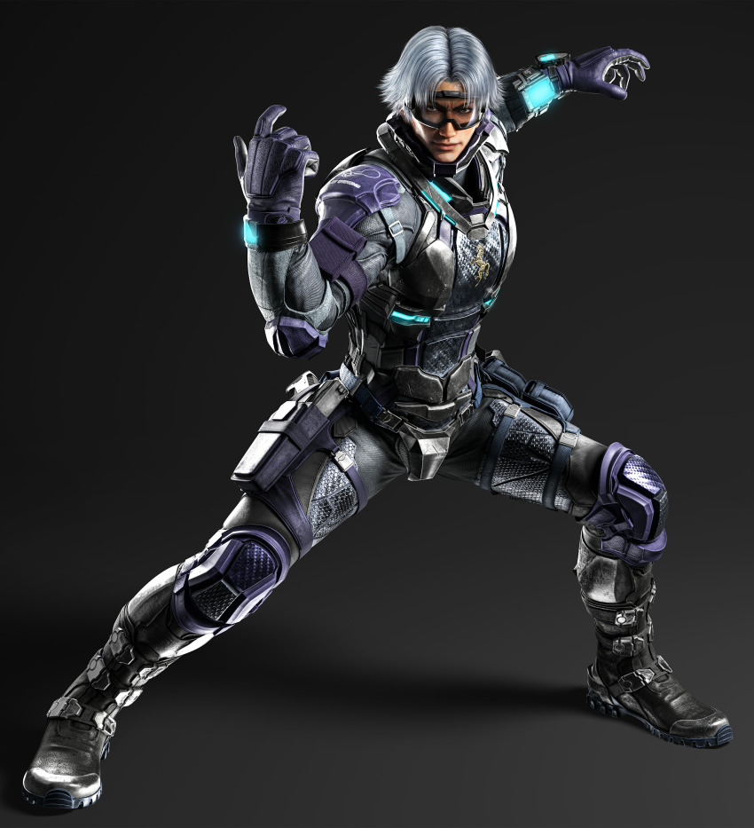 1boy 3d absurdres armor black_boots boots brown_eyes fighting_stance full_body gloves goggles grey_background grey_hair highres knee_pads lee_chaolan legs_apart looking_at_viewer male_focus non-web_source official_art purple_gloves short_hair smile solo standing tekken tekken_8
