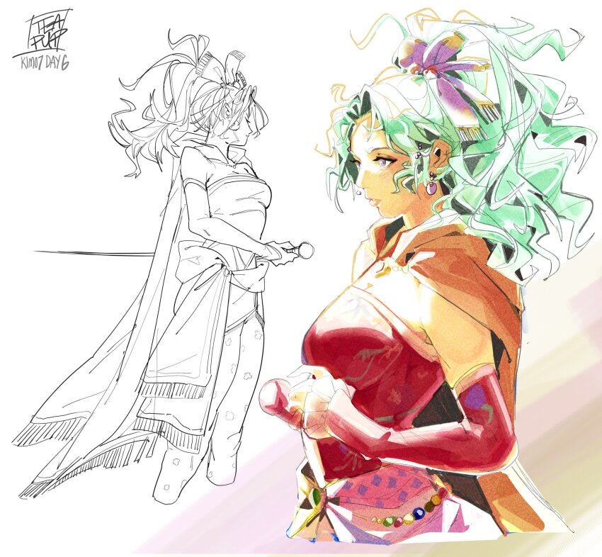 1girl breasts cape cleavage cowboy_shot cropped_legs detached_sleeves drawing_sword dress earrings final_fantasy final_fantasy_vi floral_print gold_trim green_hair hair_ribbon highres holding holding_sword holding_weapon jewelry long_hair medium_breasts multiple_views pantyhose parted_bangs ponytail print_pantyhose purple_eyes purple_ribbon red_dress red_sleeves ribbon sash signature solo strapless strapless_dress sword teapuppp tina_branford tube_dress upper_body waist_sash wavy_hair weapon white_background yellow_cape