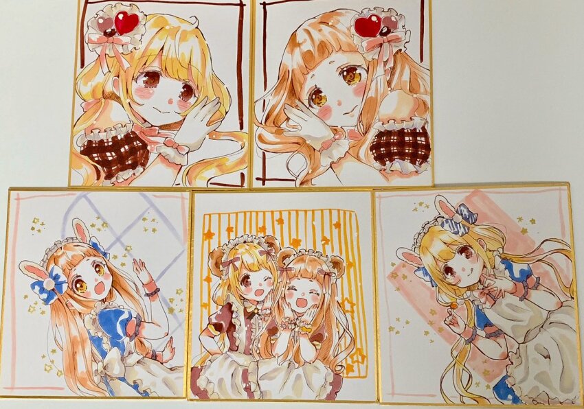 2girls :d ;d ^_^ animal_ears apron bear_ears blonde_hair blue_dress bow brown_dress brown_eyes brown_hair brown_sleeves center_frills closed_eyes closed_mouth collared_dress detached_sleeves dress ear_bow frilled_apron frilled_sleeves frills futaba_anzu gloves hand_up hands_up heart ichihara_nina idolmaster idolmaster_cinderella_girls idolmaster_cinderella_girls_starlight_stage long_hair low_twintails maid maid_apron maid_headdress multiple_girls one_eye_closed open_mouth photo_(medium) plaid_clothes plaid_sleeves puffy_short_sleeves puffy_sleeves rino_cnc shikishi short_sleeves smile traditional_media twintails very_long_hair white_apron white_gloves wrist_cuffs