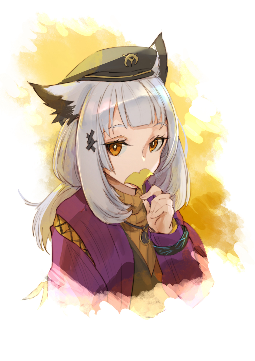 1girl absurdres animal_ears arknights black_hat brown_sweater covered_mouth cropped_torso e-bushi ginkgo_leaf grey_hair hair_ornament hat highres holding holding_leaf jacket leaf long_hair long_sleeves looking_at_viewer open_clothes open_jacket orange_eyes ptilopsis_(arknights) ptilopsis_(serenity)_(arknights) purple_jacket ribbed_sweater solo sweater turtleneck turtleneck_sweater upper_body