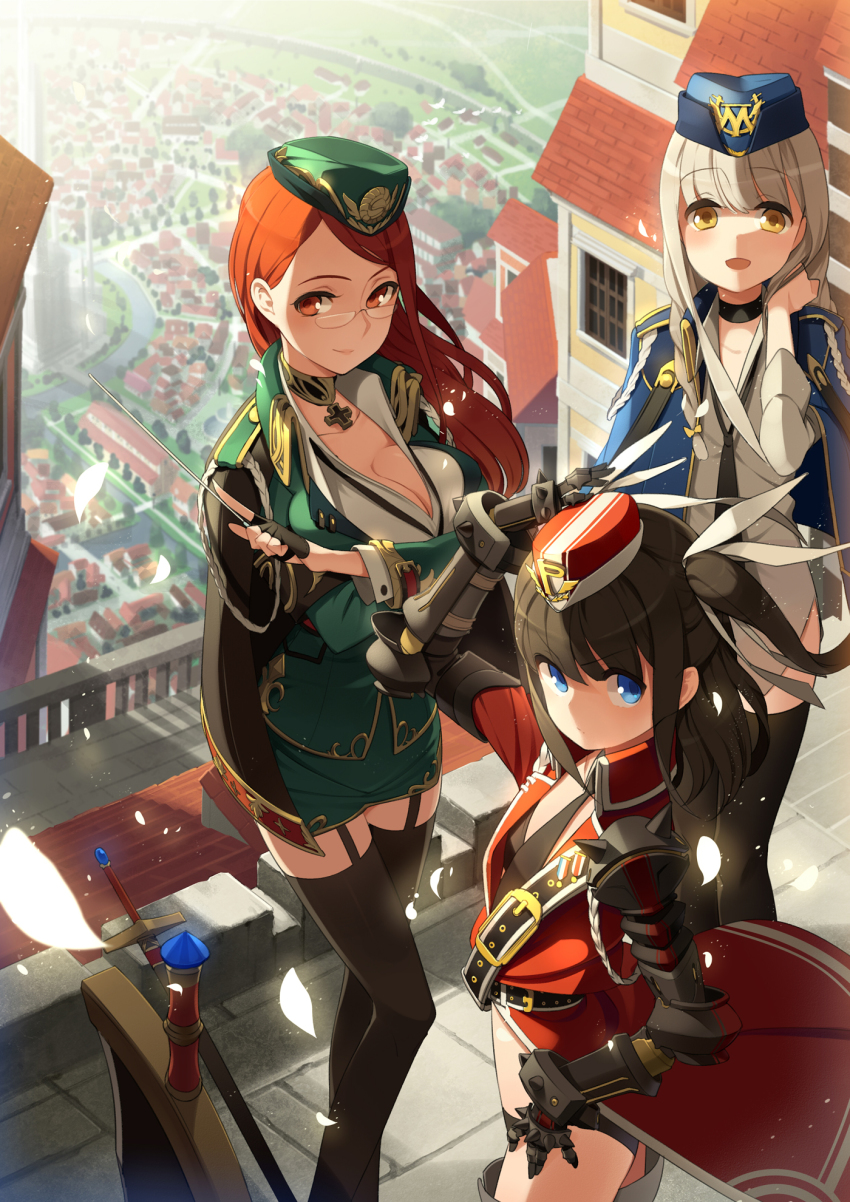 3girls arm_up black_hair black_legwear blonde_hair blue_eyes blush breasts choker cleavage cross dress_shirt fingerless_gloves flat_chest garrison_cap garter_straps gauntlets glasses gloves hand_on_own_hip hat highres jacket large_breasts long_hair looking_at_viewer medal military military_uniform multiple_girls necktie original petals red_eyes red_hair shirt smile ssberit sword thighhighs twintails weapon yellow_eyes zettai_ryouiki