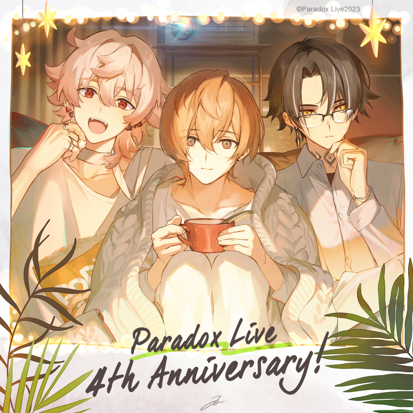 1nm8_(paradox_live) 3boys absurdres anniversary black_hair cardigan collared_shirt copyright_name cup glasses grey_hair highres holding holding_cup hou_(ppo) itsuki_(paradox_live) male_focus miyama_kei multiple_boys neck_tattoo orange_eyes orange_hair paradox_live pink_hair red_eyes rokuta_(paradox_live) shirt short_hair tattoo white_cardigan white_shirt yellow_eyes
