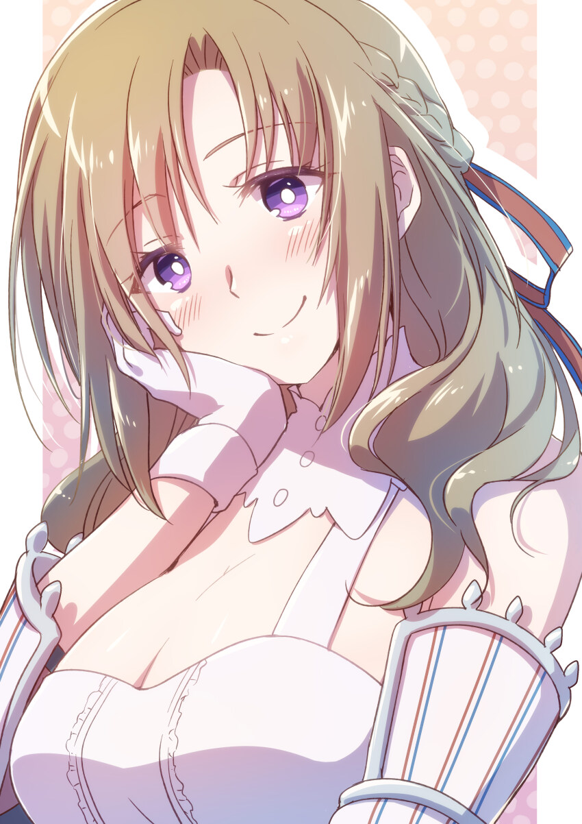 1girl absurdres armor bare_shoulders blush border braid breasts bright_pupils brown_hair cleavage closed_mouth commentary gloves hair_ribbon hand_on_own_cheek hand_on_own_face highres large_breasts long_hair nyaa_(nnekoron) oosuki_mamako orange_background outside_border pillarboxed purple_eyes red_ribbon ribbon smile solo tsuujou_kougeki_ga_zentai_kougeki_de_ni-kai_kougeki_no_okaasan_wa_suki_desu_ka? upper_body white_border white_gloves white_pupils