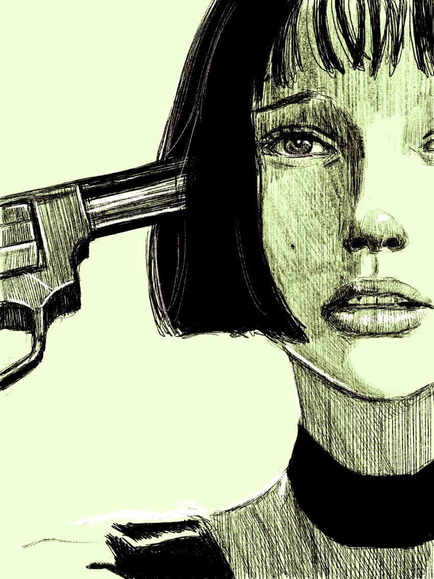 1girl aiming black_hair bob_cut close-up gun gun_to_head handgun highres leon_the_professional mathilda_lando medium_hair realistic revolver scene_reference solo tp_p_pt weapon white_background