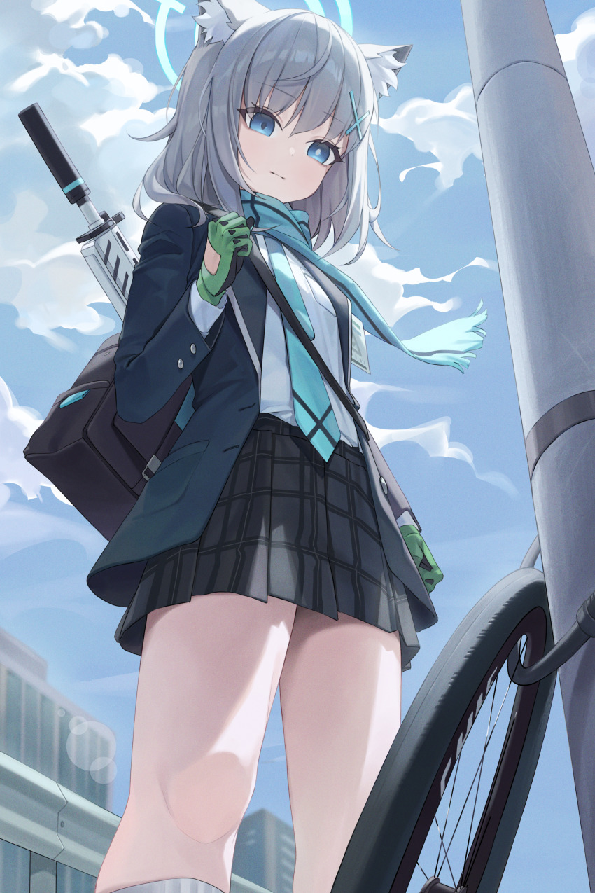1girl absurdres animal_ears assault_rifle black_bag black_skirt blue_archive blue_eyes blue_halo blue_jacket blue_necktie blue_scarf cross_hair_ornament day expressionless gloves green_gloves grey_hair gun hair_ornament halo highres jacket mismatched_pupils necktie open_clothes open_jacket outdoors rifle scarf shiroko_(blue_archive) short_hair sig_sauer_556 skirt solo um_111 weapon wolf_ears wolf_girl