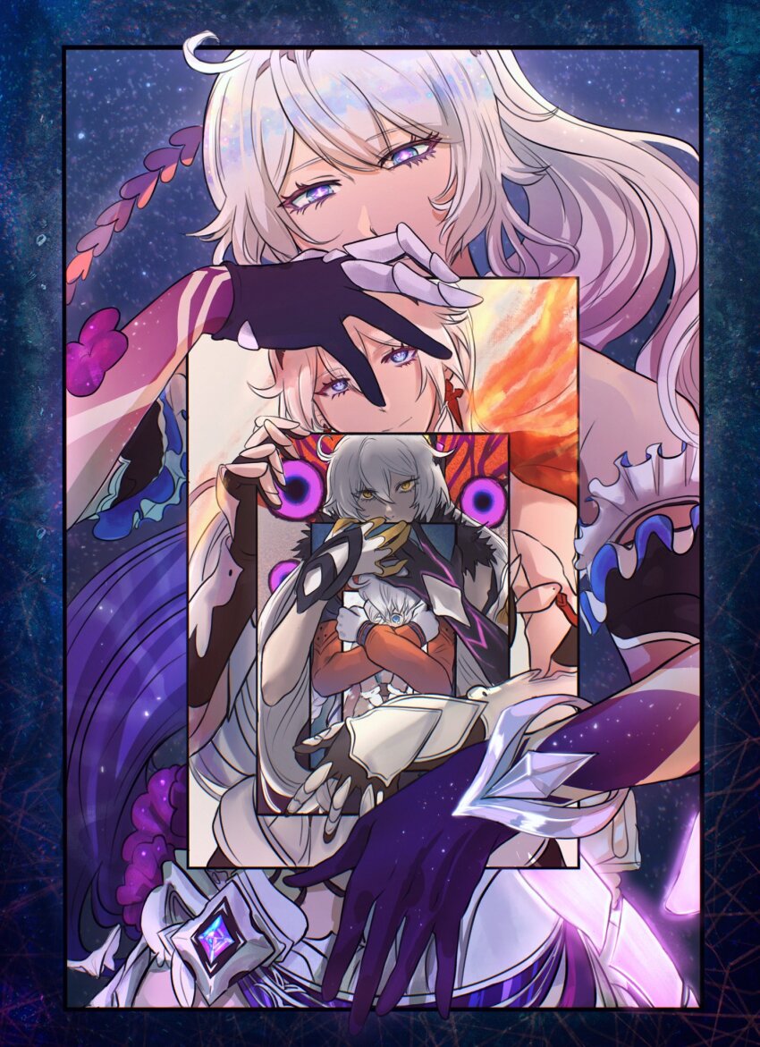 1girl blue_eyes commentary english_commentary farcicalhelix gradient_hair highres honkai_(series) honkai_impact_3rd kiana_kaslana kiana_kaslana_(herrscher_of_finality) kiana_kaslana_(herrscher_of_flamescion) kiana_kaslana_(herrscher_of_the_void) kiana_kaslana_(white_comet) long_hair multicolored_hair orange_sleeves purple_hair purple_hands space star_(sky) tongari_boushi_no_atelier two-tone_hair white_hair yellow_eyes