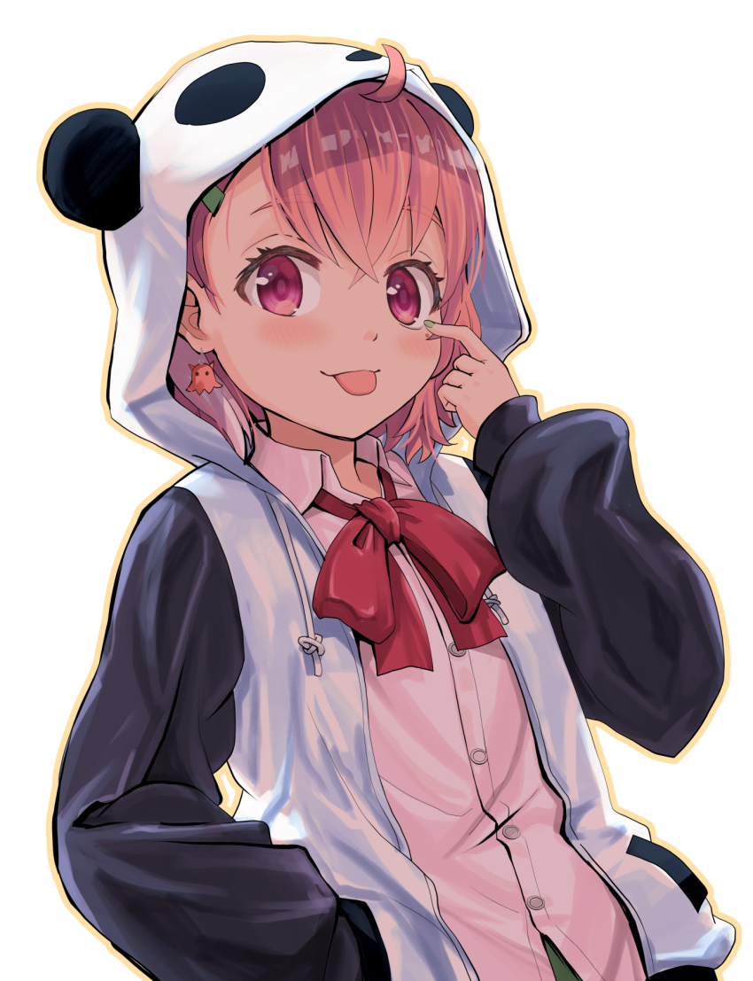 1girl ahoge animal_hood bow commentary_request earrings finger_to_eye green_nails hair_between_eyes hair_ornament hairclip hand_in_pocket haniwa_(leaf_garden) highres hood hoodie jewelry long_sleeves looking_at_viewer nijisanji open_collar panda_hood pink_eyes pink_hair pink_shirt sasaki_saku shirt short_hair solo tongue tongue_out upper_body virtual_youtuber white_background