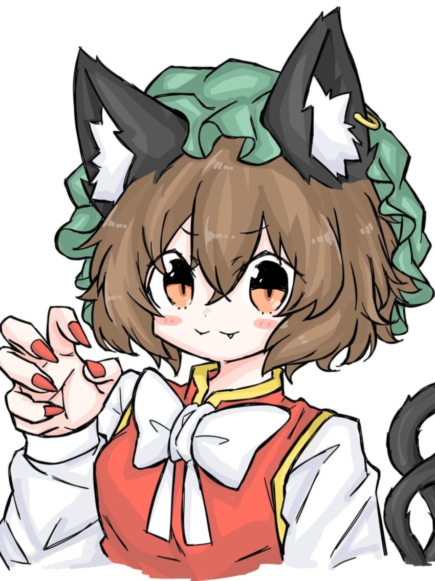 1girl :3 animal_ear_fluff animal_ear_piercing animal_ears blush_stickers breasts brown_hair cat_ears cat_tail chen claw_pose commentary_request earrings fangs fangs_out fingernails fumomono hair_between_eyes hand_up hat highres jewelry mob_cap multiple_tails nekomata orange_eyes red_nails revision sharp_fingernails short_hair simple_background single_earring small_breasts solo tail touhou two_tails white_background