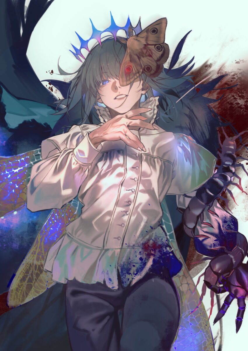 1boy absurdres aqua_background arm_at_side arthropod_limbs black_cape black_pants blood blood_on_clothes blue_blood blue_eyes bug cape centipede cowboy_shot crown dragonfly_wings fate/grand_order fate_(series) fur-trimmed_cape fur_trim grey_hair hair_between_eyes hand_up highres hiro_(hirohiro_gorira) insect long_sleeves looking_at_viewer lying male_focus moth moth_on_head nostrils oberon_(fate) oberon_(third_ascension)_(fate) on_back one_eye_covered pants parted_lips popped_collar puffy_long_sleeves puffy_sleeves shirt short_hair simple_background solo veins veiny_hands white_shirt