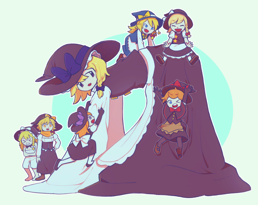 &gt;_&lt; akane_(cookie) apron black_capelet black_eyes black_gloves black_headwear black_legwear black_skirt black_vest blonde_hair blue_bow blue_eyes blue_headwear blue_skirt blue_vest bow bowtie braid breasts brown_footwear capelet cleavage cleavage_cutout clenched_teeth clothing_cutout commentary_request cookie_(touhou) elbow_gloves fang frilled_apron frills full_body gloves hat hat_bow highres hita_(hizokuseikogeki) kirisame_marisa kohaku_(cookie) long_hair long_sleeves looking_at_another meguru_(cookie) mikami_makoto open_mouth orange_bow orange_eyes orange_hair orange_scarf pantyhose purple_bow red_bow red_bowtie ruka_(cookie) sarashi scarf shirt shoes short_hair side_braid single_braid skirt sleeves_past_fingers sleeves_past_wrists sliding smile socks star_(symbol) suzu_(cookie) teeth touhou vest waist_apron white_apron white_background white_bow white_legwear white_shirt witch_hat yellow_bow yuuhi_(cookie)