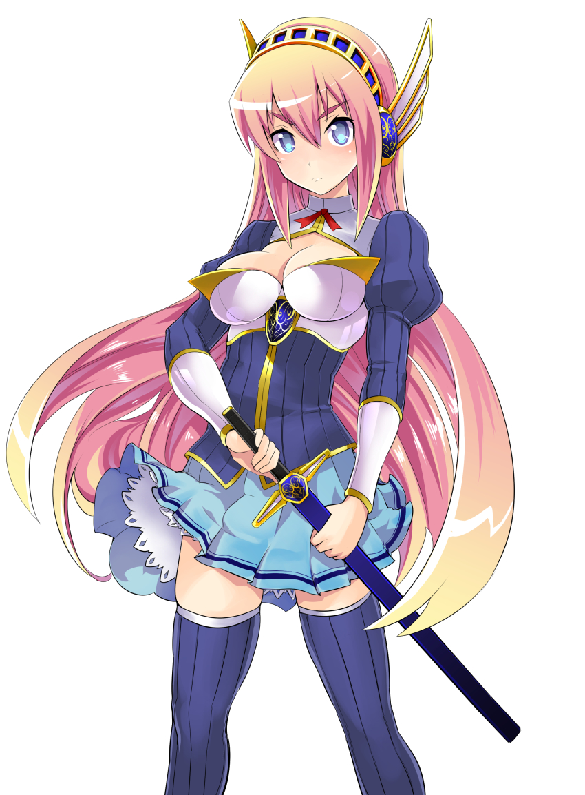 1girl absurdres blonde_hair blue_eyes breasts dungeons_&amp;_princess female_focus headgear highres long_hair long_sleeves looking_at_viewer pleated_skirt skirt solmonte solo sword takashi_moritaka thighhighs weapon