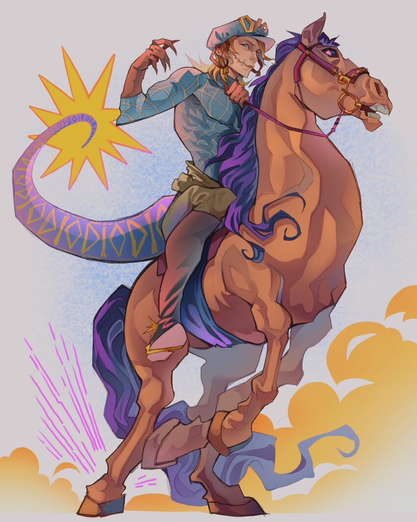 1boy argyle_clothes argyle_sweater blonde_hair blue_bow blue_eyes blue_helmet blue_sweater boots bow brown_boots brown_gloves brown_pants clawed_gauntlets cracked_skin diego_brando dinosaur_tail fangs full_body gloves helmet highres horse horseback_riding jojo_no_kimyou_na_bouken karmisty1 long_sleeves male_focus pants reins riding saddle scary_monsters_(stand) silver_bullet_(jojo) solo spurs stand_(jojo) standing steel_ball_run sweater tail turtleneck turtleneck_sweater