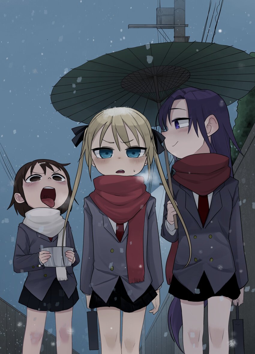 3girls absurdres blonde_hair blue_eyes blush brown_eyes brown_hair fusuma_(suwaru_boom) goshiki_agiri hair_ribbon highres kill_me_baby long_hair long_sleeves multiple_girls necktie oil-paper_umbrella open_mouth oribe_yasuna outdoors purple_eyes ribbon scarf school_uniform short_hair skirt smile snowing sonya_(kill_me_baby) twintails umbrella utility_pole walking