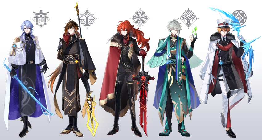 5boys ahoge aiguillette alhaitham_(genshin_impact) antenna_hair arm_behind_back armor balance_scale belt black_belt black_cape black_footwear black_gloves black_jacket black_kimono black_necktie black_pants blue_cape blue_eyes blue_hair boots bow_(weapon) brooch brown_eyes brown_hair brown_robe cape cleavage_cutout closed_mouth clothing_cutout coat coat_on_shoulders collared_cape collared_shirt commentary_request crossed_bangs crystal diluc_(genshin_impact) earrings egasumi epaulettes expressionless eyes_visible_through_hair floating_hair floral_print fold-over_boots full_body fur-trimmed_coat fur_trim gem genshin_impact gloves gold_trim gradient_hair green_cape green_eyes green_footwear green_gemstone green_robe grey_hair hair_between_eyes hair_intakes hair_over_one_eye hand_up hat high_ponytail highres hiki_yuichi holding holding_bow_(weapon) holding_polearm holding_sword holding_weapon jacket japanese_clothes jewelry kamisato_ayato kimono lace-up_boots lapels liquid_weapon long_hair long_sleeves looking_at_viewer male_focus mitsudomoe_(shape) mole mole_under_mouth multicolored_hair multiple_boys necktie orange_hair pants parted_bangs partially_fingerless_gloves pauldrons peaked_cap polearm ponytail popped_collar purple_eyes red_cape red_eyes red_gemstone red_gloves red_hair robe sash serious shirt short_hair shoulder_armor side_cape simple_background single_earring single_pauldron smile standing swept_bangs sword tartaglia_(genshin_impact) tassel tassel_earrings thigh_boots tomoe_(symbol) torii two-sided_cape two-sided_coat two-sided_fabric two-tone_footwear very_long_hair vision_(genshin_impact) vortex_vanquisher_(genshin_impact) weapon weighing_scale white_background white_cape white_coat white_gloves white_headwear white_pants white_shirt wing_collar wolf&#039;s_gravestone_(genshin_impact) zhongli_(genshin_impact)