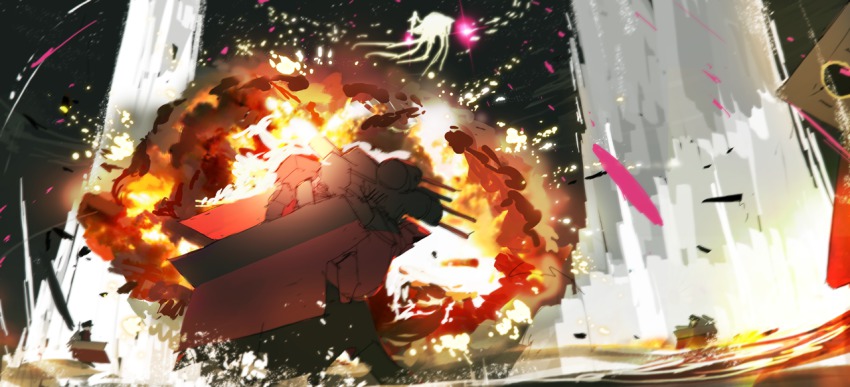 10s aircraft_carrier battle battleship bullet cannon cape epic explosion firing hms_conqueror_(siirakannu) hms_monarch_(siirakannu) hms_orion_(siirakannu) hms_thunderer_(siirakannu) kantai_collection mastigias_papua_(siirakannu) military military_uniform military_vehicle muzzle_flash naval_uniform ocean original shells ship ship_turret siirakannu splashing warship watercraft waterspout
