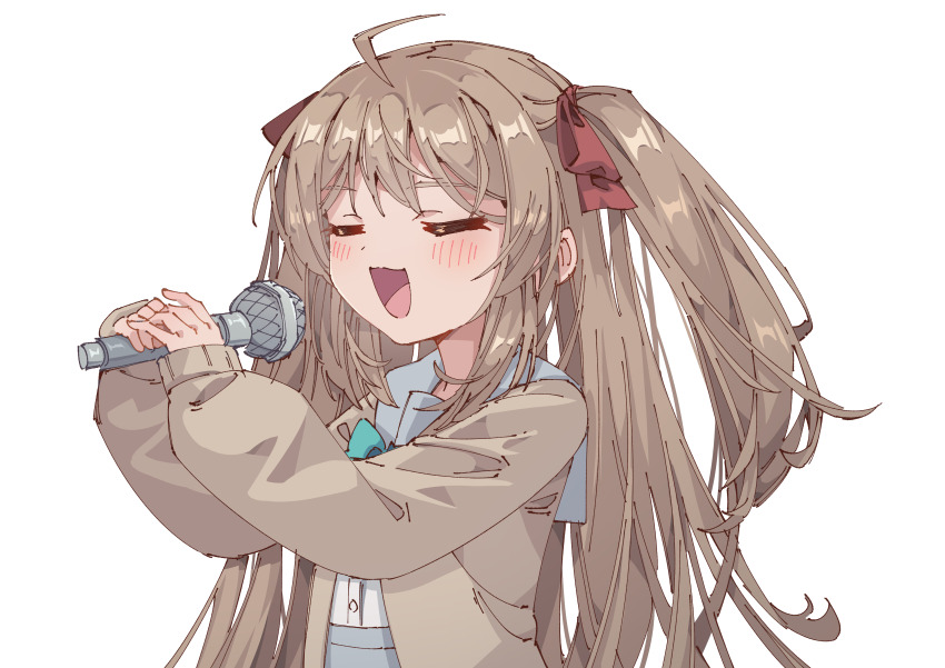 1girl :d =_= absurdres ahoge blush bow bowtie brown_cardigan brown_hair cardigan closed_eyes green_bow green_bowtie grey_sailor_collar grey_skirt hands_up highres holding holding_microphone indie_virtual_youtuber light_brown_hair live2d_inc. long_hair microphone momose_hiyori music neuro-sama open_mouth rune_(dualhart) sailor_collar school_uniform serafuku sidelocks singing skirt smile transparent_background two_side_up upper_body virtual_youtuber white_serafuku