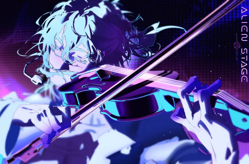 1boy alien_stage artist_name bow_(music) closed_eyes commentary copyright_name english_commentary headset highres holding holding_bow_(music) holding_instrument holding_violin instrument luka_(alien_stage) male_focus microphone music playing_instrument short_hair solo uchiha_i_arts violin watermark