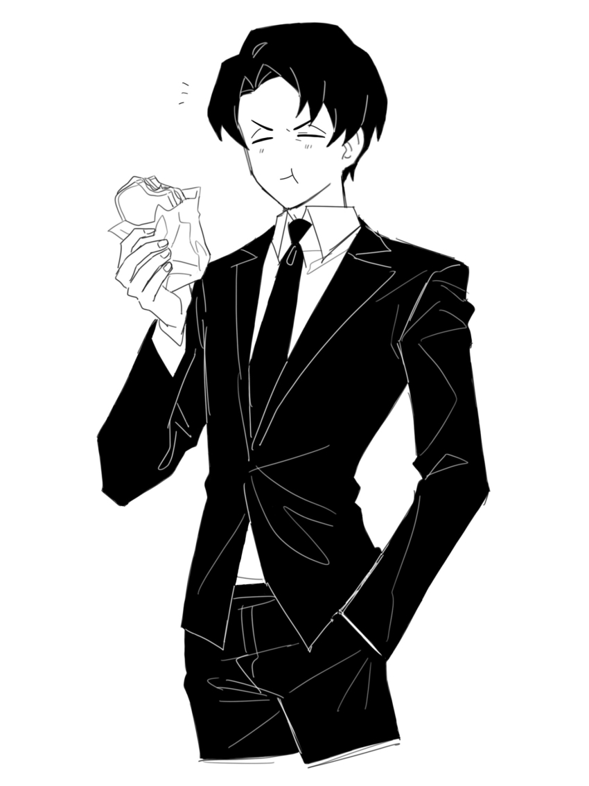1boy collared_shirt cowboy_shot eating food greyscale hand_in_pocket happy highres holding holding_food kitaku_(ienikaeru) lapels library_of_ruina long_sleeves monochrome notched_lapels pants project_moon roland_(project_moon) shirt simple_background solo