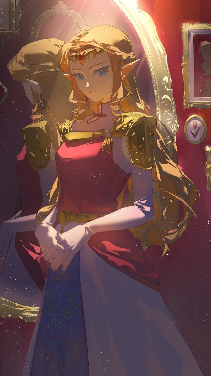 1girl armor blue_eyes circlet cowboy_shot dress elbow_gloves gem gloves hashtag-only_commentary highres long_hair looking_at_viewer mirror nintendo orange_hair own_hands_together picture_frame pink_dress pink_gloves pointy_ears princess princess_zelda red_gemstone reflection shoulder_armor solo standing the_legend_of_zelda the_legend_of_zelda:_ocarina_of_time two-tone_dress yun_(dl2n5c7kbh8ihcx)
