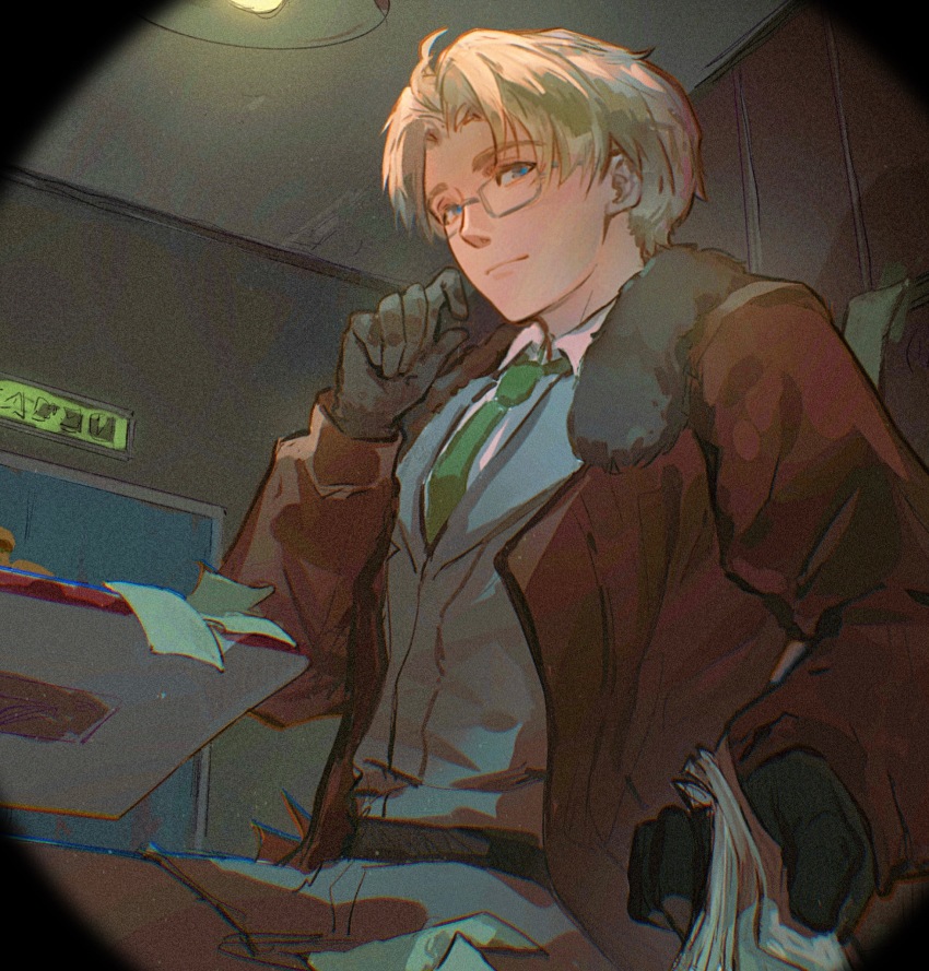1boy america_(hetalia) arm_up axis_powers_hetalia belt black_belt black_gloves blonde_hair blue_eyes bomber_jacket brown_jacket chinese_commentary closed_mouth collared_shirt commentary_request curtained_hair glasses gloves green_necktie grey-framed_eyewear grey_jacket grey_pants hair_behind_ear hanging_light highres holding holding_paper indoors jacket lapels light_smile long_sleeves looking_at_viewer looking_down looking_to_the_side male_focus necktie pants paper shiragon shirt short_hair sideways_glance sitting solo table upper_body white_shirt wing_collar
