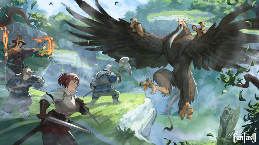 2boys 2girls absurdres animal_ears armor beak black_hair book dagger dated_commentary day dual_wielding falling_leaves fantasy feathered_wings fighting_stance fire grass grey_hair griffin hat helm helmet highres holding holding_book holding_staff holding_sword holding_weapon knife leaf leggings mage_staff magic multiple_boys multiple_girls original outdoors pointy_ears pyrokinesis red_hair sheath shirt short_hair signature sonech staff statue sword war_hammer weapon wind wings