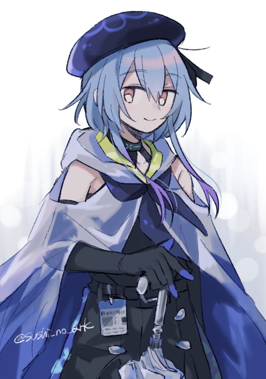 1boy arknights bare_shoulders beret black_gloves black_hat blue_hair closed_mouth commentary elbow_gloves gloves hair_between_eyes hat highres infection_monitor_(arknights) long_hair looking_at_viewer male_focus mizuki_(arknights) multicolored_hair pink_eyes purple_hair purple_hat smile solo streaked_hair sushi_no_ark twitter_username white_background