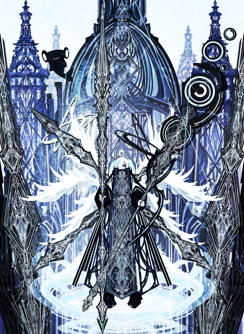 1girl absurdres blue_theme full_body hair_over_one_eye highres holding holding_staff holding_weapon huge_weapon long_hair looking_at_viewer original outdoors riz_kira solo staff standing tabard weapon wings