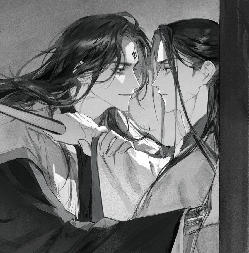 2boys chhiii_o_o folded_fan folding_fan frown greyscale hand_fan hand_on_wall highres holding holding_another&#039;s_wrist holding_fan kabedon long_hair long_sleeves looking_at_another luo_binghe male_focus monochrome multiple_boys renzha_fanpai_zijiu_xitong scar scar_on_face shen_qingqiu smile upper_body wide_sleeves yaoi zuiyin